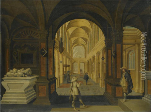 A Church Interior With Cavaliers In The Foreground Oil Painting - Jan Jansz. Buesem