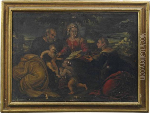 The Holy Family With Infant Saint John The Baptist And Saint Catherine Of Alexandria Oil Painting - Paris Bordone