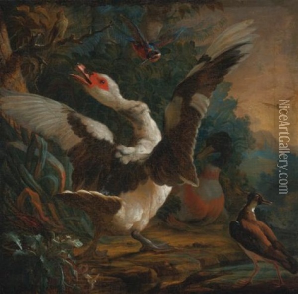 A Goose, A Kingsfisher, And Other Birds In A Landscape Oil Painting - Abraham Bisschop
