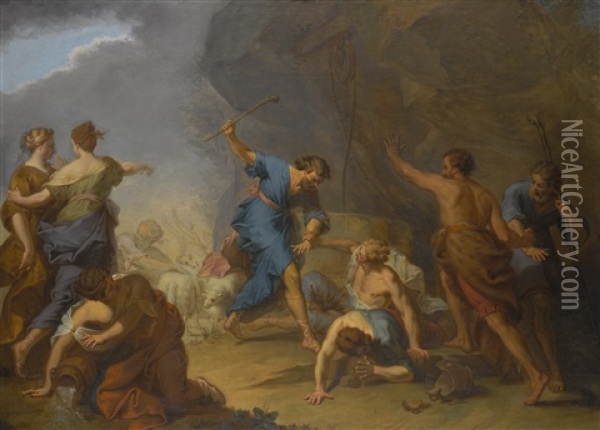 Moses Defending The Daughters Of Jethro Oil Painting - Nicolas Bertin