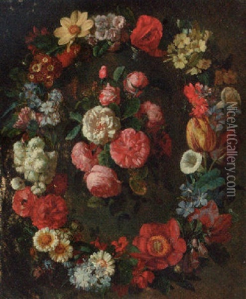 A Swag Of Tulips, Narcissi, Convulvulus, Corn Flowers And Other Flowers Surrounding A Bunch Of Roses Oil Painting - Jean-Michel Picart