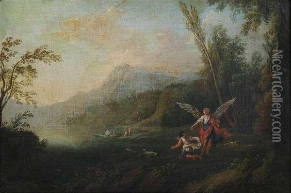 Archangel Raphael Comands Tobias To Catch The Fish. Oil Painting - Claude Lorrain (Gellee)