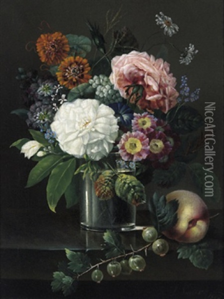 Ein Blumenstuck Mit Pfirsich Und Stachelbeeren Oil Painting - Johan Carl Smirsch