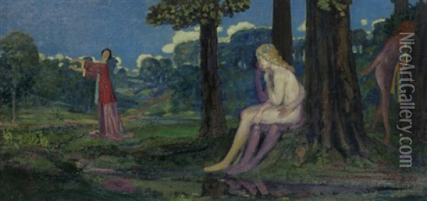 Nymphs In A Landscape Oil Painting - Arthur B. Davies