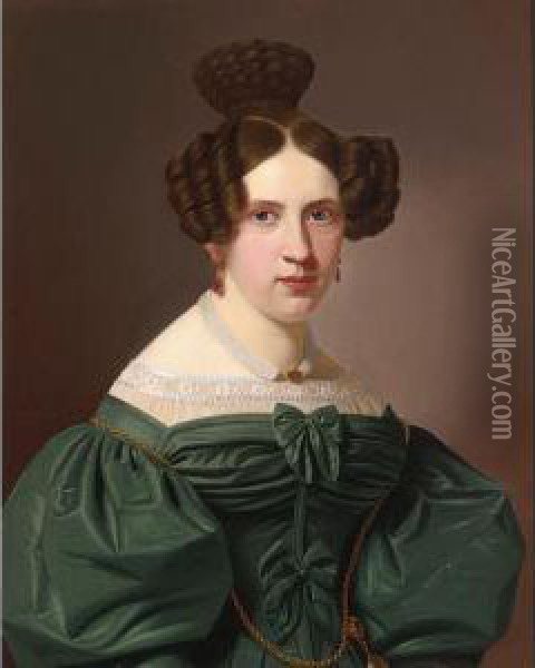 A Portrait Of Emilie Feustell, Depicted Half Length Wearing A Green Lace Lined Dress Oil Painting - Christian Tunica