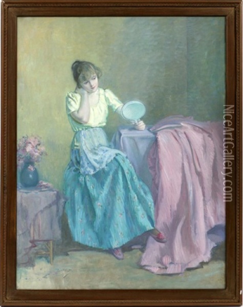 Young Woman Seated With Hand Mirror Oil Painting - Myron Barlow