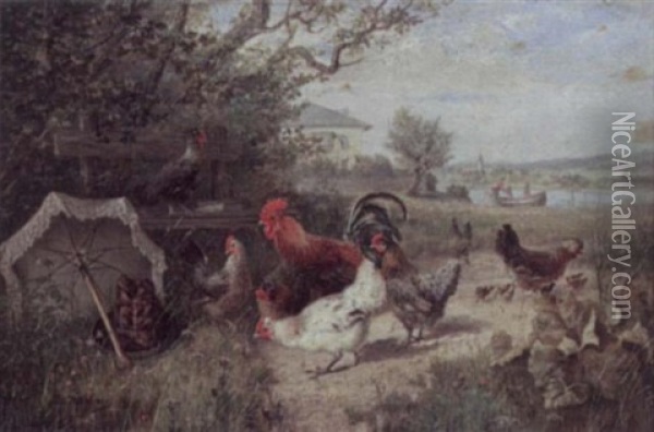Rooster And Chickens In A Field Oil Painting - Julius Scheuerer