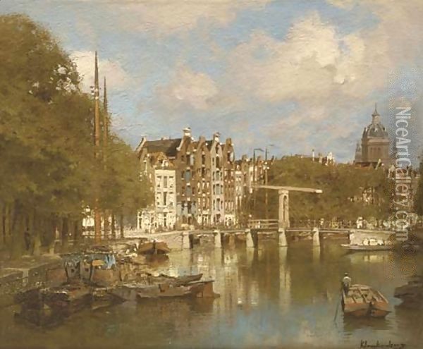 The Waals Eilandsgracht with the St. Nicolaas church beyond, Amsterdam Oil Painting - Johannes Christiaan Karel Klinkenberg