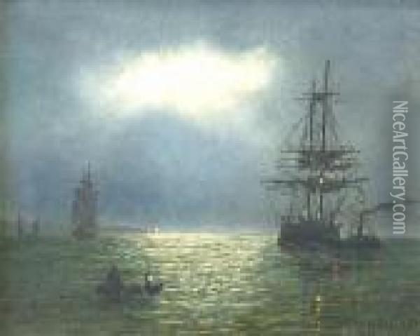 Shipping By Moonlight Oil Painting - Adolphus Knell