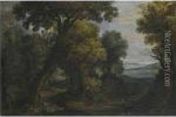 A Wooded Fluvial Landscape With Hunters Shooting Birds Oil Painting - Paul Bril