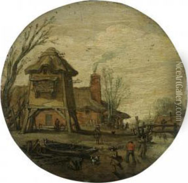 Winter Landscape With Figures 
Skating And Playing Kolf On A Frozen River 
Before A Large Dovecote And A Cottage Oil Painting - Esaias Van De Velde