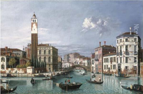 Venice: The Grand Canal Looking 
North-west Towards S. Geremia And The Entrance To The Cannaregio Oil Painting - (Giovanni Antonio Canal) Canaletto