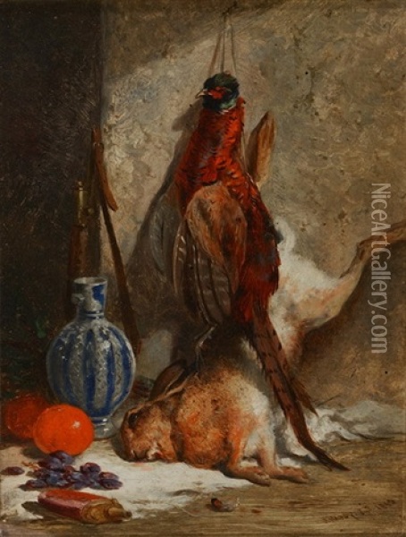Still Life - A Pheasant, Hare, Stoneware Bottle And Fruit By A Wall Oil Painting - James Hardy Jr.