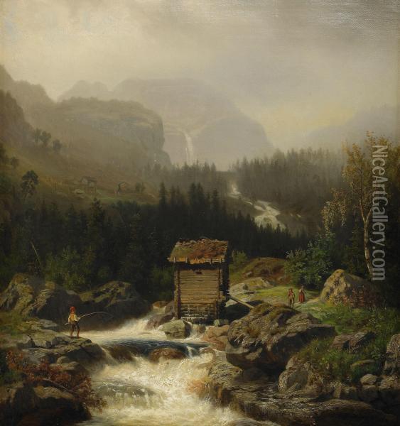 Nordiskt Bergslandskap Med Fors Oil Painting - Edvard Bergh