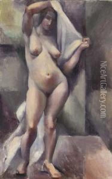 Standing Female Nude Holding A White Drape Oil Painting - Mainie Harriet Jellett