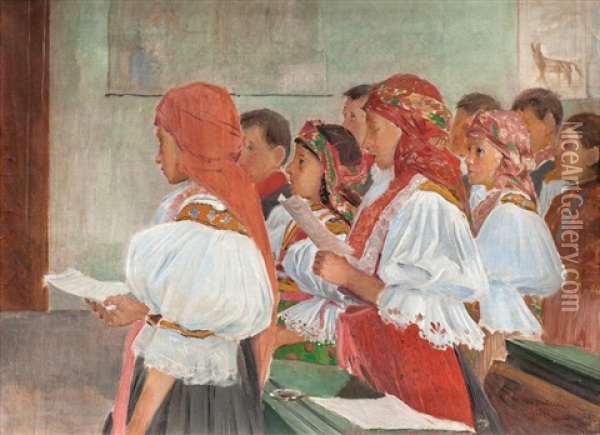 Slovacke Deti Pejici Ve Skole Oil Painting - Antonin Hudecek