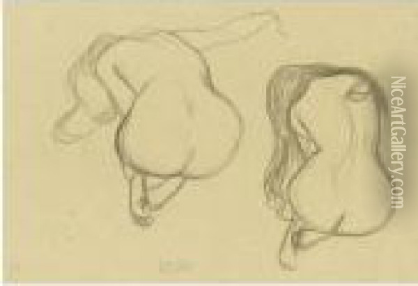Property From A Private European Collection
 

 
 
 

 
 Zwei Studien Eines Sitzenden Ruckenacktes Mit Langem Haar (two Studies Of A Seated Nude From Behind With Long Hair) Oil Painting - Gustav Klimt