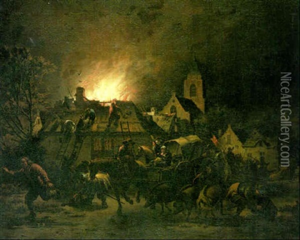 Villagers Fleeing Burning Houses Oil Painting - Egbert Lievensz van der Poel