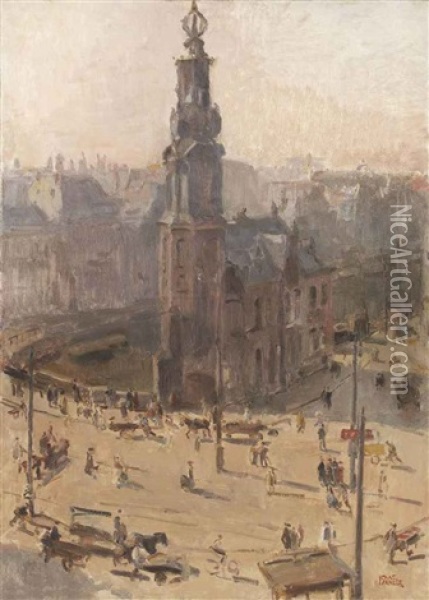 View Of The Munttower In Winter, Amsterdam Oil Painting - Isaac Israels