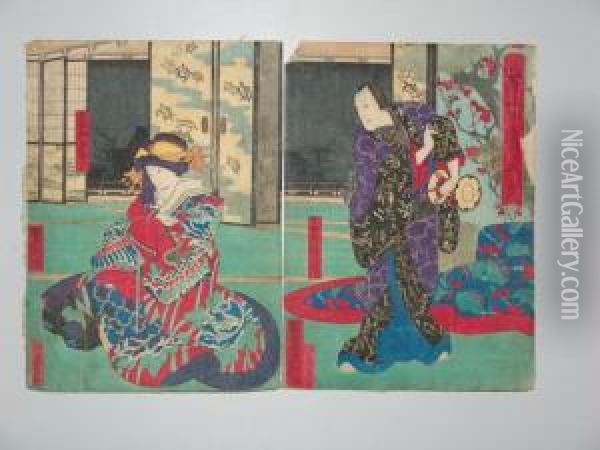 Scenes Du Theatre Kabuki A Osaka Oil Painting - Nakai Utagawa Yoshitaki