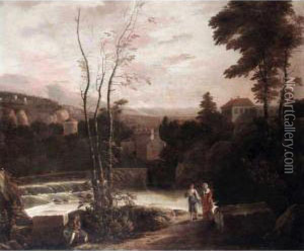 An Extensive Italianate Landscape With Two Women Walking On A Path And A Fisherman Resting On A Stone In The Foreground. Oil Painting - Gerard Van Edema