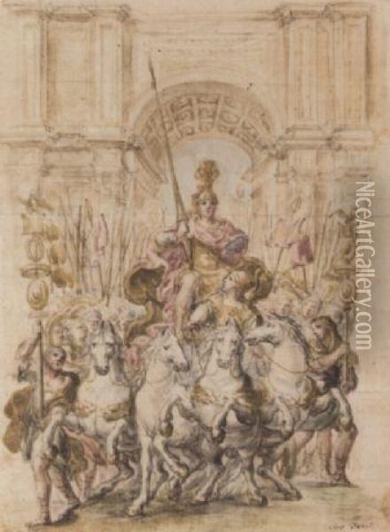 Triumphal Arch With A Roman Emperor On A Quadriga Surrounded Oil Painting - Giovanni Paolo Schor