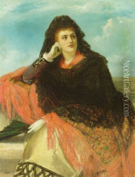 An Elegant Lady In Spanish Dress Oil Painting - Edward Charles Barnes