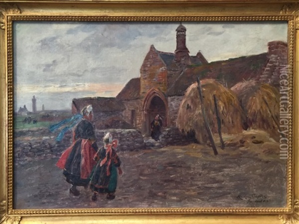 L'arrivee A L'eglise, Bretagne Oil Painting - Maurice Henri Orange