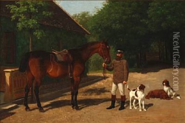 A Man With His Horse Oil Painting - Carl Henrik Bogh