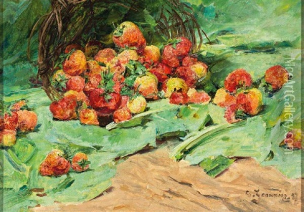 Stilleben Mit Erdbeeren Und Korb Oil Painting - Georges Jeannin