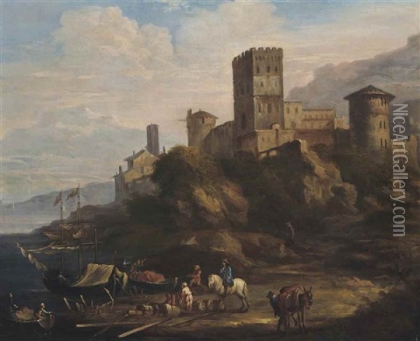 A River Landscape With Figures Loading Boats, An Italianate Castle, Mountains Beyond Oil Painting - Adriaen Van Der Cabel