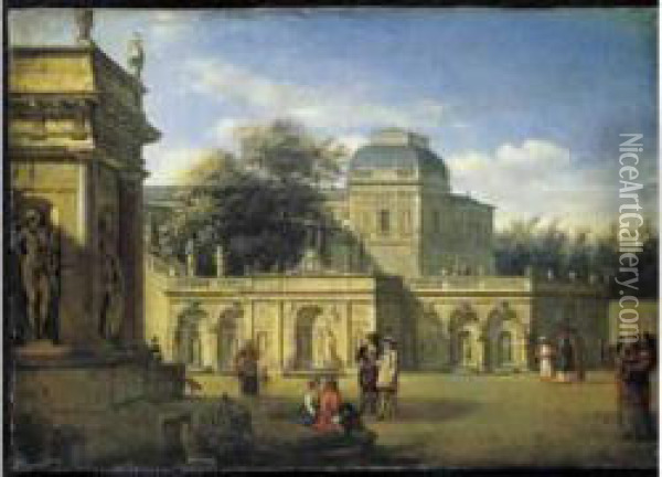 Gentilshommes Et Turcs Devant La Facade D'un Palais Baroque Oil Painting - Jan Van Der Heyden