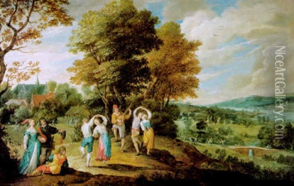 Landliches Fest Mit Tanzenden Bauern Und Einem Eleganten Paar Mit Einem Ruhenden Kavalier Als Zuschauer Oil Painting - Pieter Angillis