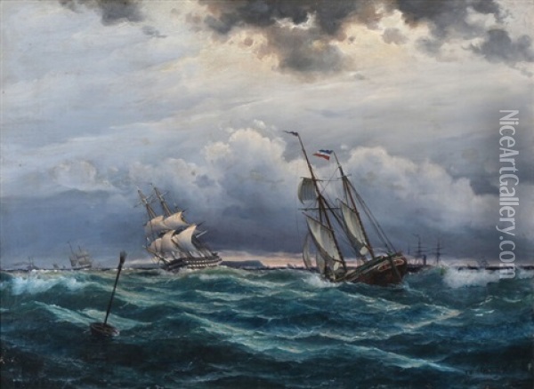 Seascape With Dutch Sailing Ships In Rough Seas Oil Painting - Christian Frederic Eckardt