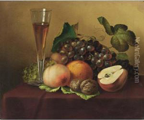 A Still Life With Grapes, Peaches And A Champagne Glass Oil Painting - Emilie Preyer