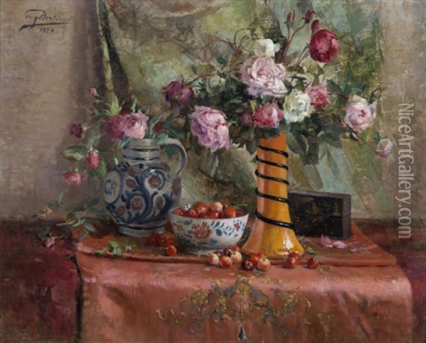 Still Life With Roses In An Orange Vase Oil Painting - Eugene Bertrand
