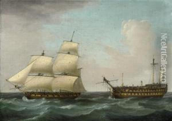 A Dismasted '74' Under Tow By A Battle-scarred Sloop Oil Painting - Thomas Whitcombe