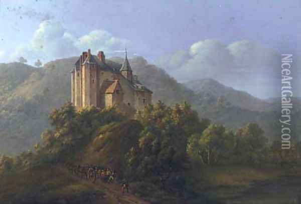 French soldiers before a castle in a Bavarian landscape Oil Painting - German School