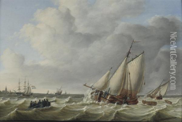 Sailing Vessels In Choppy Seas Oil Painting - Johan Hendrik Boshamer