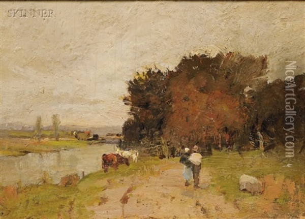 Landscape With Two Figures And Cattle Oil Painting - Charles Edwin Lewis Green