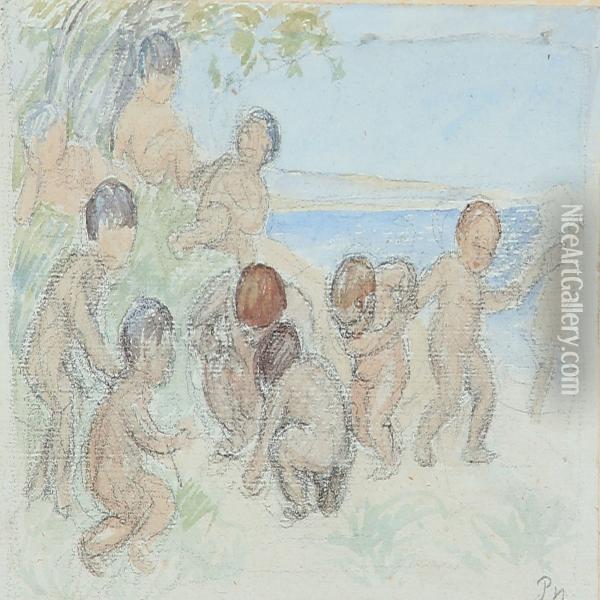 Playing Children On A Beach Oil Painting - Peter Marius Hansen