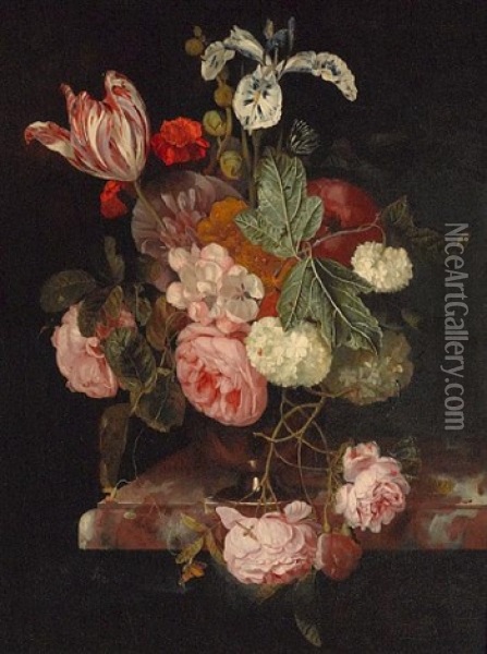 A Still Life With Roses, An Iris, A Tulip And Other Flowers In A Vase Resting On A Ledge Oil Painting - Cornelis Kick