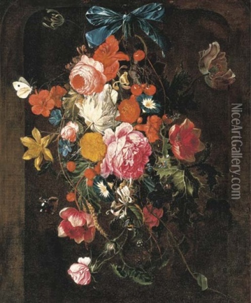 Roses, Peonies, Morning Glories, Tulips, Poppies And Other Flowers Hanging From A Nail Oil Painting - Cornelis De Heem