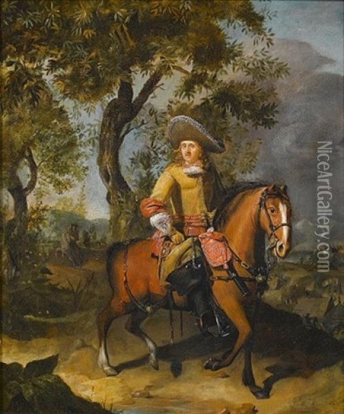An Equestrian Portrait Of A Cavalry Officer Of The Dutch East India Company With A Military Encampment Beyond Oil Painting - Matthys Naiveu