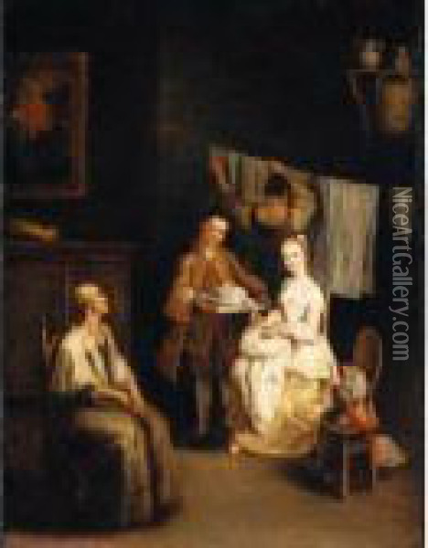 An Interior With A Boy-servant 
Bringing A Young Lady A Bonnet, An Elderly Lady Seated Nearby And A Maid
 Hanging Laundry Beyond (' Oil Painting - Pietro Longhi