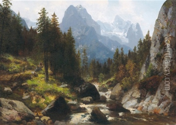 Blick Auf Wetterhorn Und Rosenlauigletscher Oil Painting - Josef Schoyerer