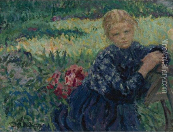 Girl Seated In A Garden Oil Painting - David O. Widhopff