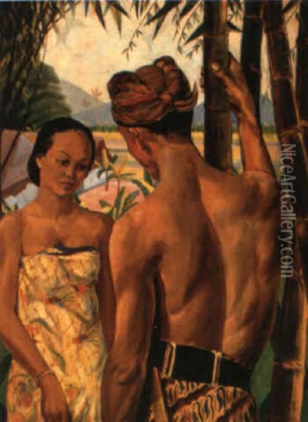 Javanese Couple In A Landscape Oil Painting - Czeslaw Mystkowski