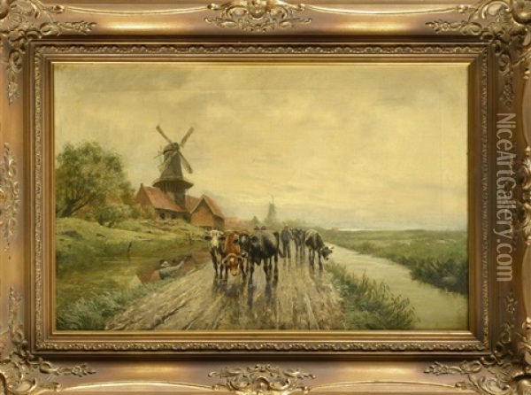 Bauer Treibt Seine Rinder An Einem Kanal Vorbei Oil Painting - Johann Heinrich Limpert