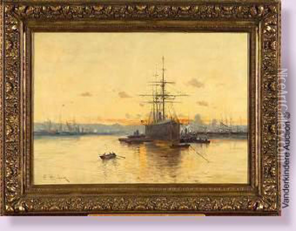 Bateau Amare Au Port Oil Painting - Eugene Galien-Laloue